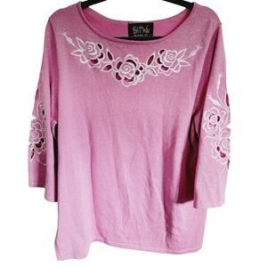 Bob Mackie‎ L Cutout Chest Area 3/4 Sleeves Tunic Top Sz L Pink White NWT